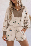 Khaki Mallard Print Color Block Patchwork Zip Pullover and Shorts Set