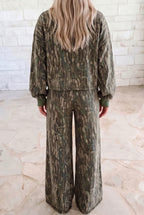 Green Abstract Camo Print Crewneck Drop Shoulder Pullover Wide Leg Pants Set- PRE ORDER