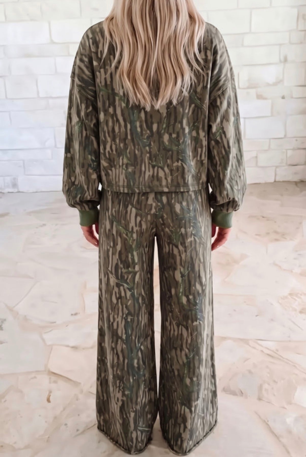 Green Abstract Camo Print Crewneck Drop Shoulder Pullover Wide Leg Pan ...