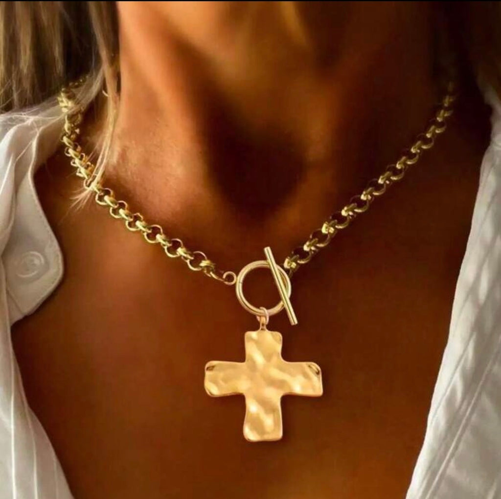 Gold Hammered Thick Cross Pendant Necklace, With T-Clasp And Stainless Steel Chain- PRE ORDER