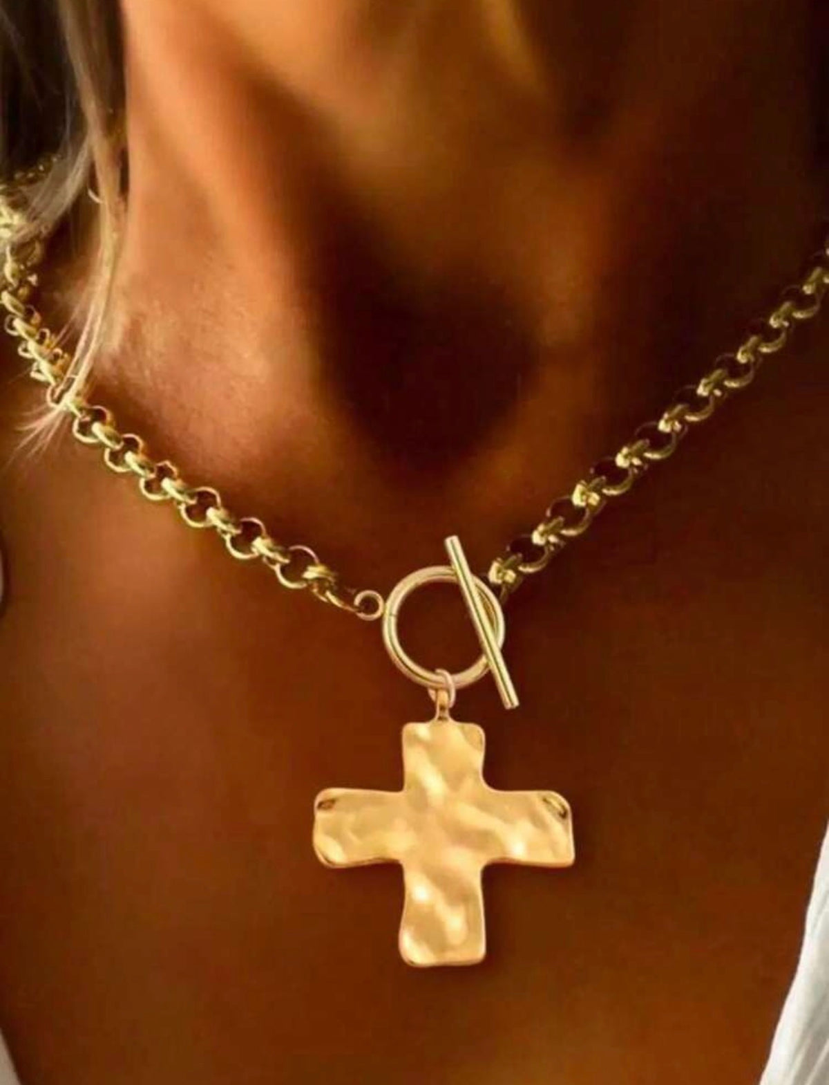 Gold Hammered Thick Cross Pendant Necklace, With T-Clasp And Stainless Steel Chain- PRE ORDER