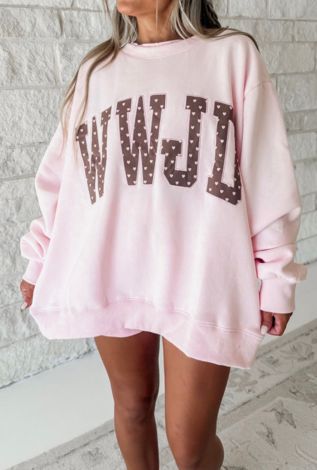 Pink WWJD Heart Letter Embroidered Patch Tunic Pullover Sweatshirt- PRE ORDER