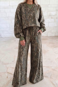 Green Abstract Camo Print Crewneck Drop Shoulder Pullover Wide Leg Pants Set- PRE ORDER
