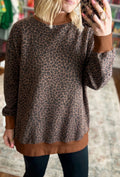 Brown Leopard Print High NeckLong Sleeve Ribbed Cuffs Hem Sweatshirt- PRE ORDER