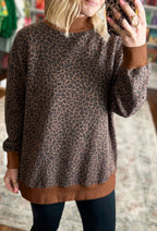 Brown Leopard Print High NeckLong Sleeve Ribbed Cuffs Hem Sweatshirt- PRE ORDER