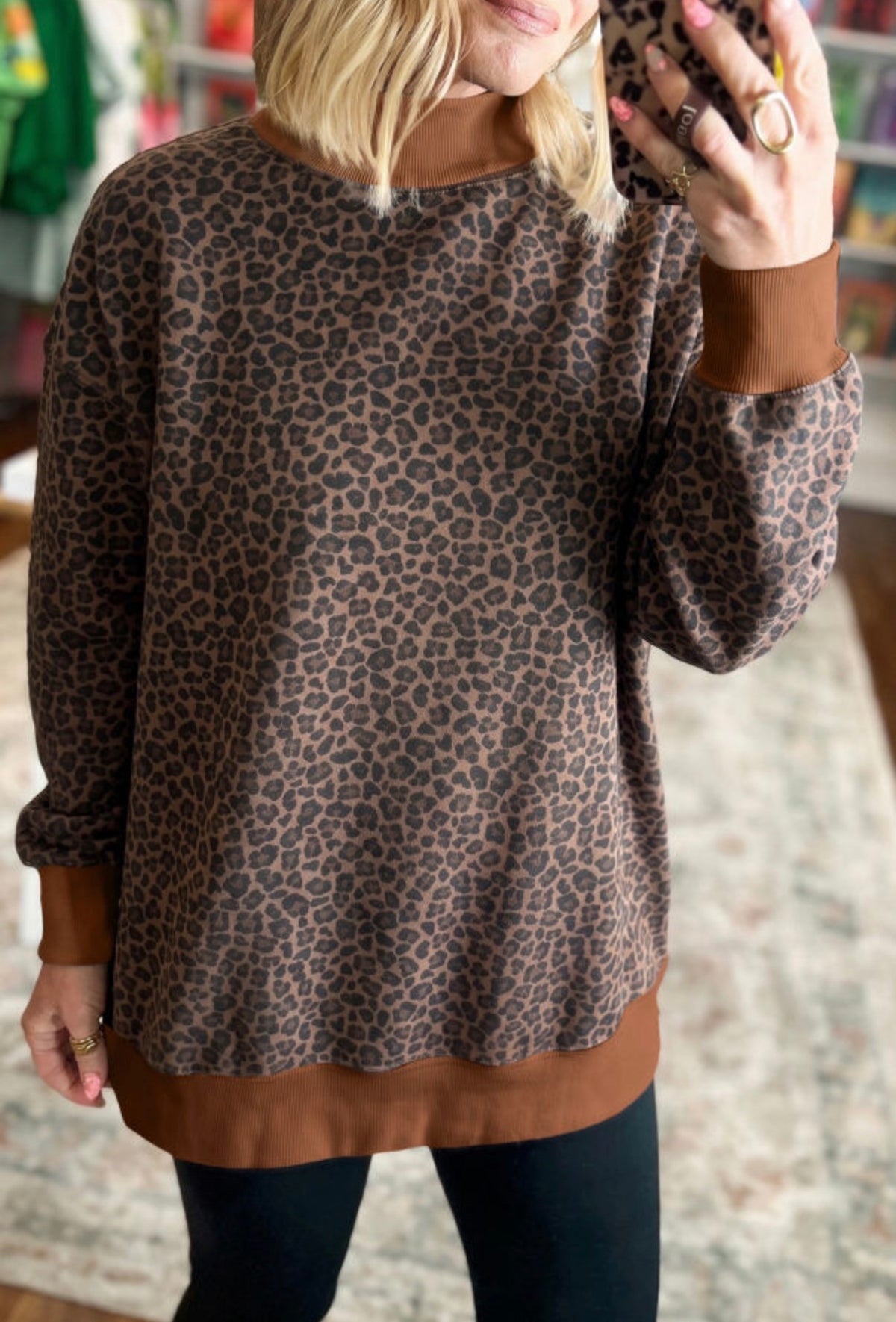 Brown Leopard Print High NeckLong Sleeve Ribbed Cuffs Hem Sweatshirt- PRE ORDER
