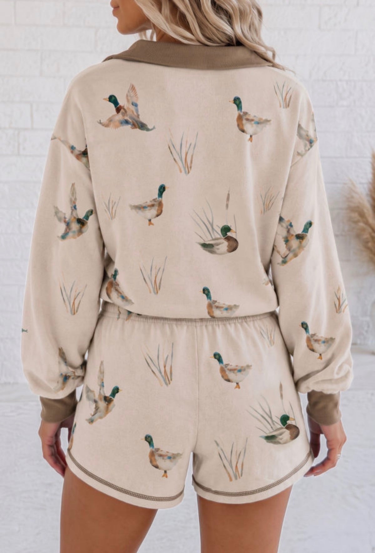 Khaki Mallard Print Color Block Patchwork Zip Pullover and Shorts Set