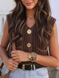 Brown Solid Front Button Sleeveless Cardigan,Sleeveless Tops Office Brunch Brown And Gold Autumn Casual Vintage- PRE ORDER