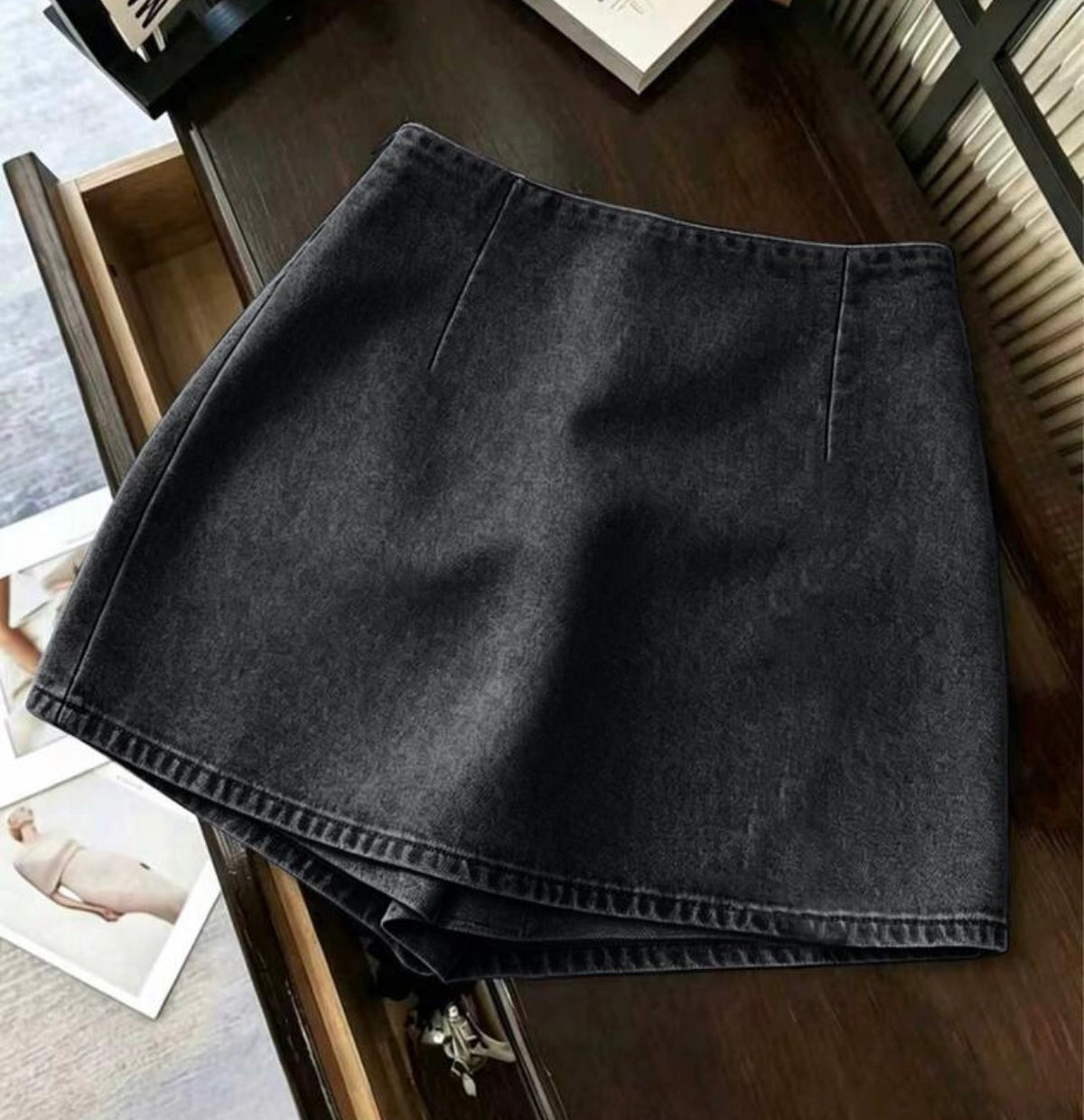 Denim Effect Printed Texture Soft Fabric High Waist Slit Women's Shorts/Skirt- PRE ORDER