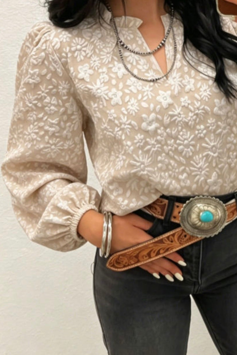 Apricot V Neck Floral Textured Long Sleeve Casual Blouse- PRE ORDER