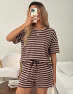 Women's Casual Brown Stripe Set