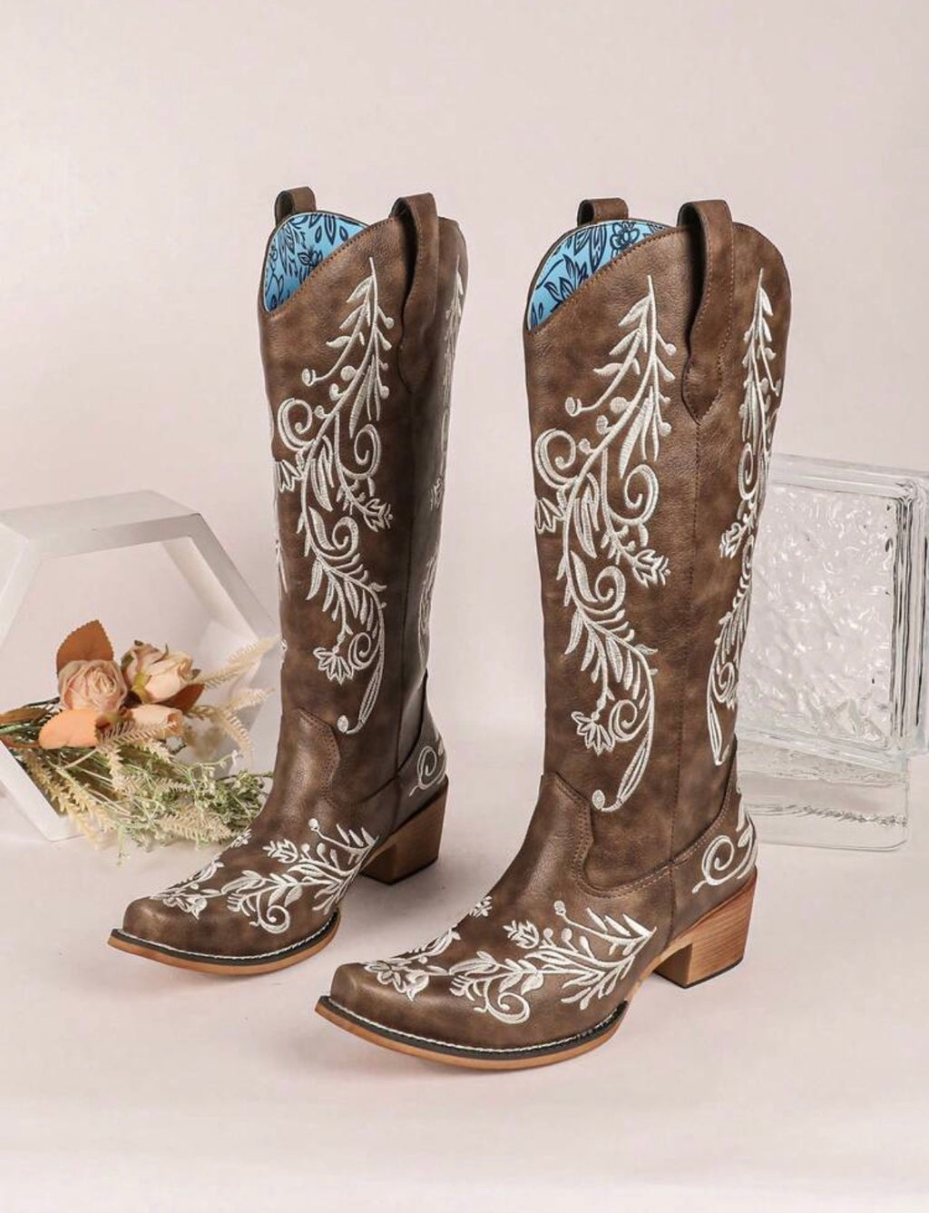 Women's Vintage Floral Embroidered Western Cowgirl Mid-Calf Boots, Pointed Toe Block Heel- PRE ORDER