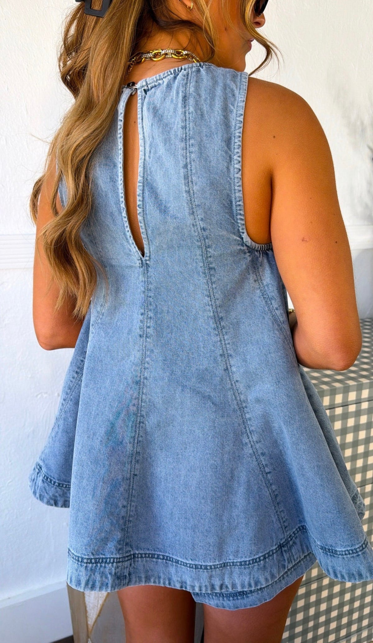 Sleeveless Flare Hem Denim Two-Piece Set, Round Neck High-Low A-Line Top And Elastic Waist Shorts- EST. Ship date Nov. 10th