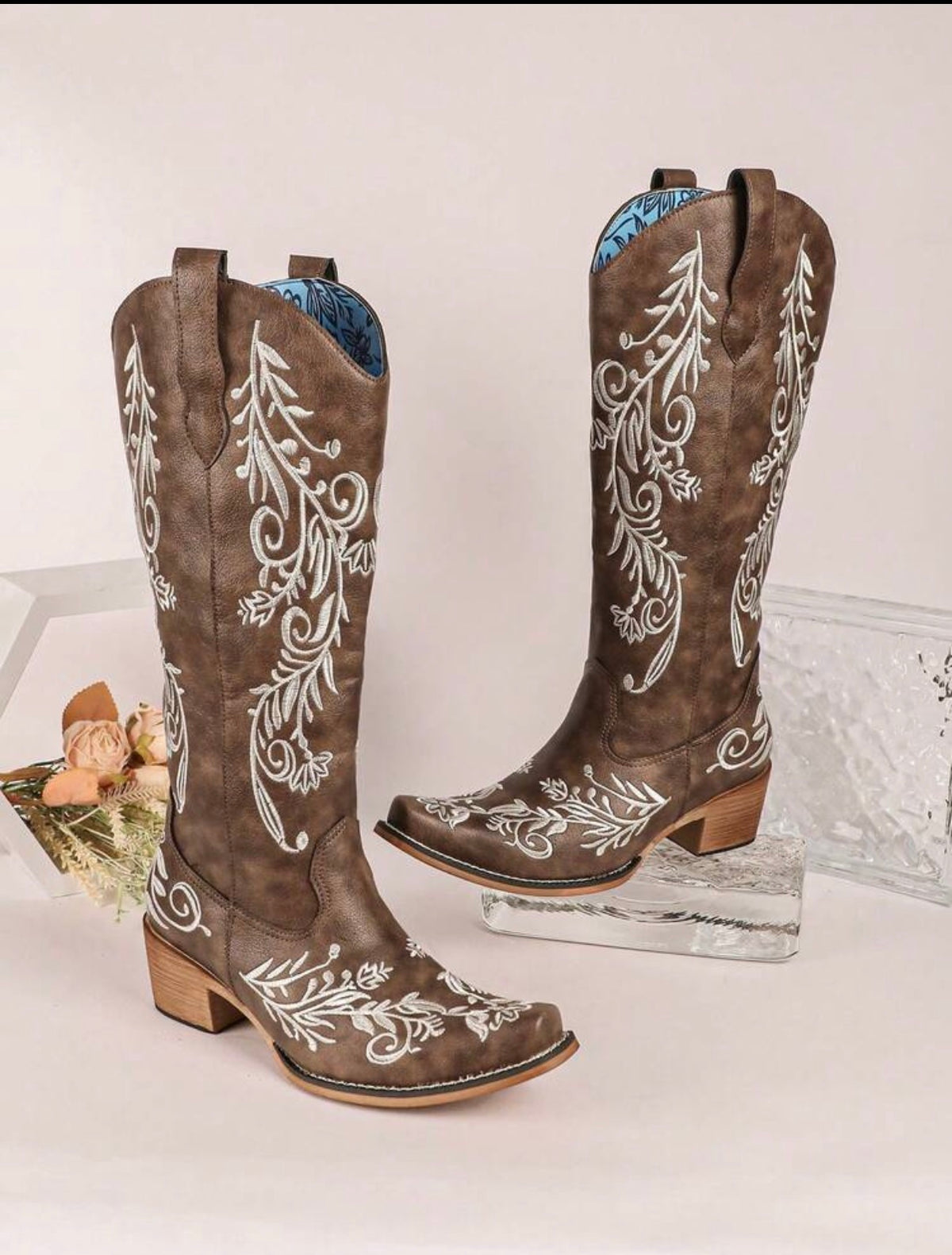 Women's Vintage Floral Embroidered Western Cowgirl Mid-Calf Boots, Pointed Toe Block Heel- PRE ORDER